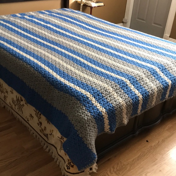 Handmade Queen Size Blue and Gray Striped Crochet Blanket - Picture 4 of 9